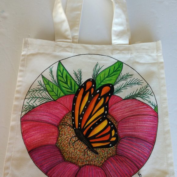 Handmade Reusable Tote Bag With Hand Painted Monarch Butterfly on a Pink Flower - Picture 8 of 16